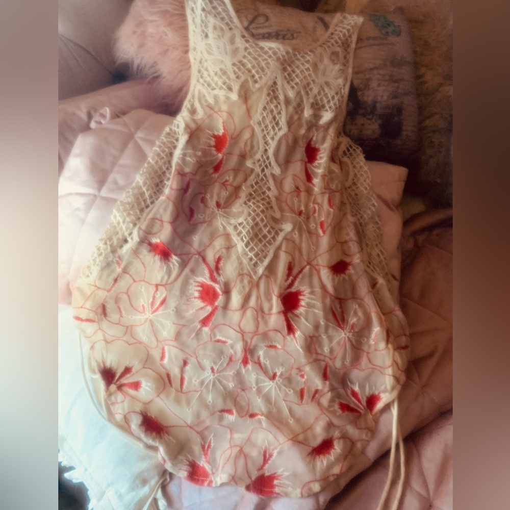 Y2K Lace Sleeveless Top with Red Floral Embroidery by:Free people